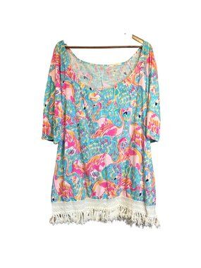 Lilly Pulitzer Flamingo Print Tunic Dress Size L Tassel Hem Beach Coastal Resort